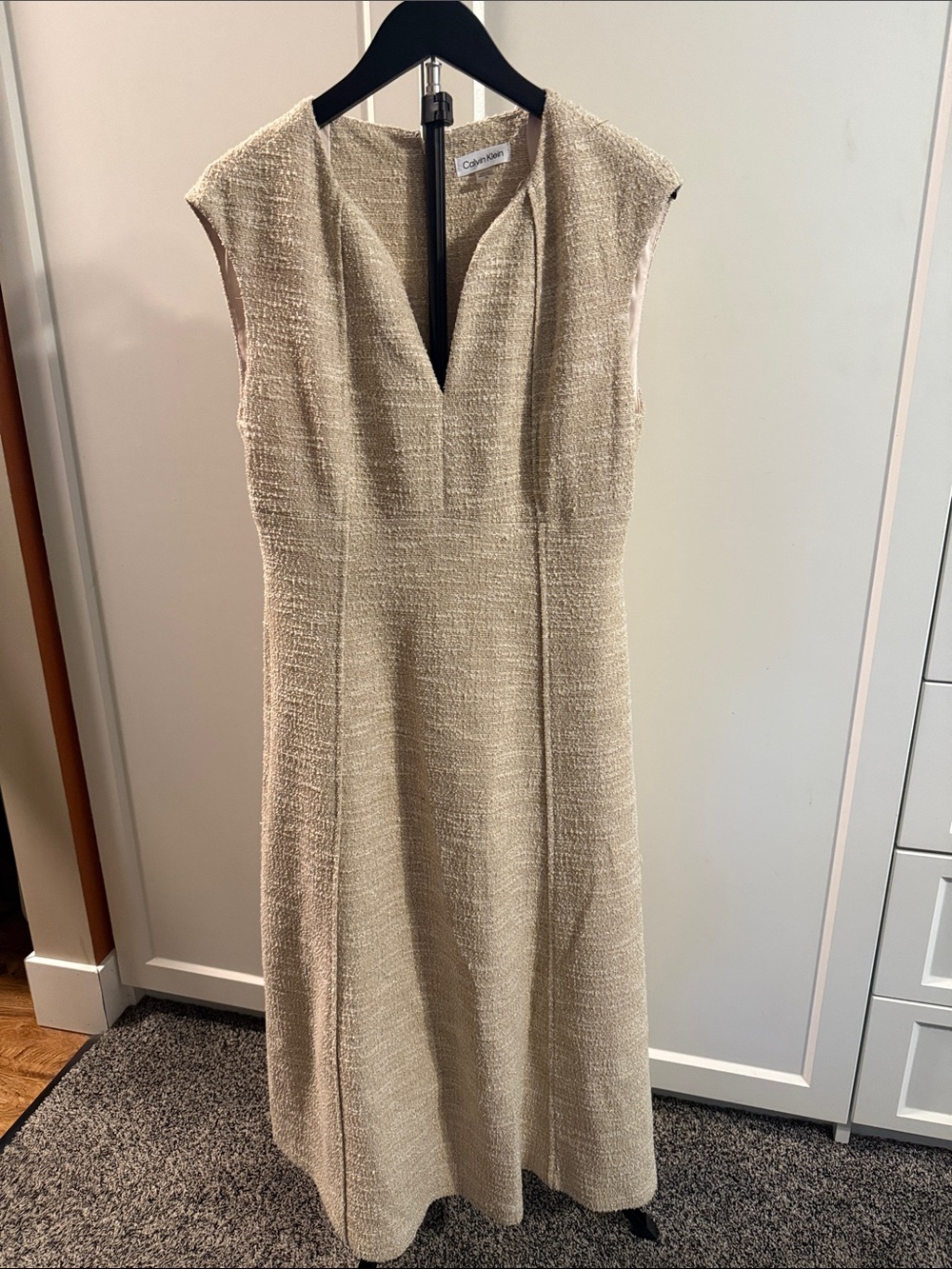 Calvin Klein Women’s Size 10 Cream Gold Metallic Tweed Midi Dress